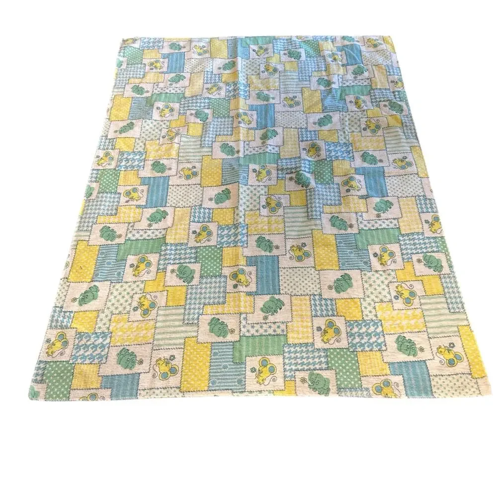 Vtg Baby Security Blanket Pastel Square Pattern Elephants Mice Blue Yellow Green